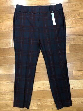 NWT Loft Ann Taylor Julie Skinny Ankle Length Modern Plaid Navy Maroon Pant 10